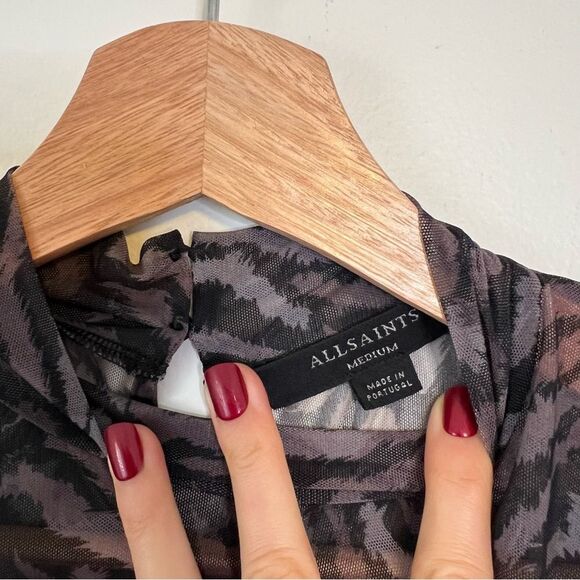 ALLSAINTS Elia Animal Print Long Sleeve Mesh Bodysuit Top Sz Medium Black Grey - Picture 5 of 9